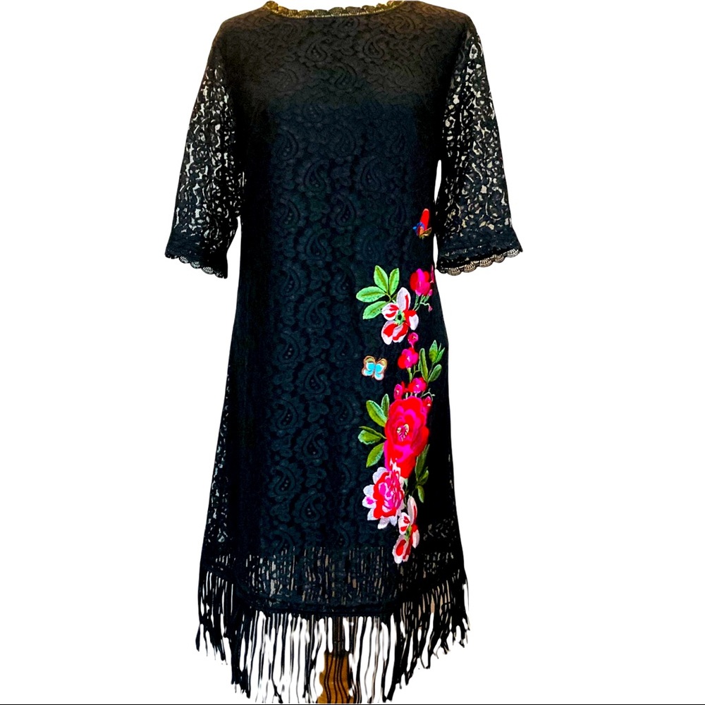 Rare Multiflora Lace Fringe Floral Dress